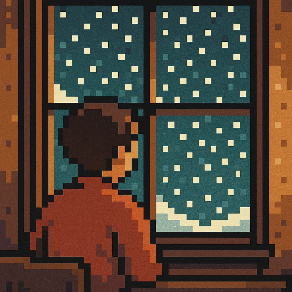 pixel art style scene of a person watching snow fall outside emoji