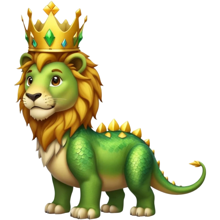 A lion wearing a golden crown standing next to a friendly dinosaur emoji