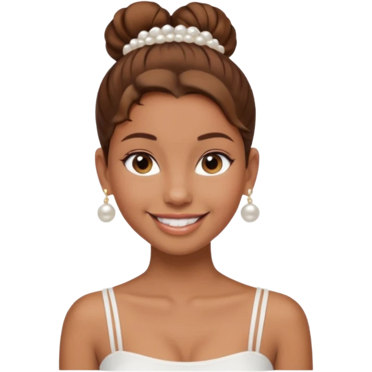 Light brown skin girl, brown hair in bun, smiling, white tube top, pearl earrings emoji
