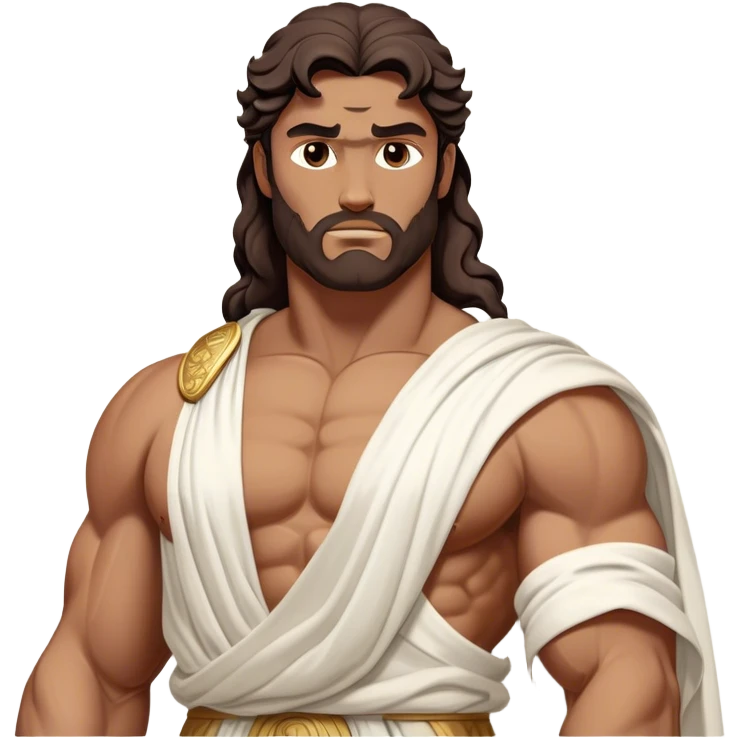 Cinematic Realistic Hercules Portrait, depicted as a classical Greek statue with a robust, muscular build and perfectly chiseled features. His bronze, sun-kissed skin has a timeless, marble-like quality, and his thick, wavy dark hair frames a face exuding determination and quiet nobility. Draped in a flowing white robe with subtle golden accents, the portrait is rendered under dynamic natural lighting that highlights every sculpted detail and evokes the majesty of ancient myth. emoji