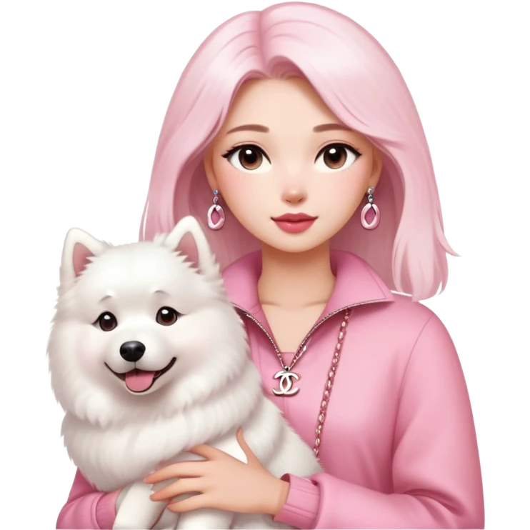 girl in pink Chanel-style outfit with white Samoyed dog emoji