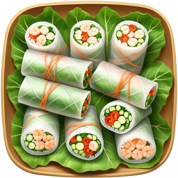 cinematic-realistic-vietnamese-summer-rolls-dish-emoji,-depicted-with-delicate-rice-paper-wraps-filled-with-fresh-vegetables-and-shrimp-rendered-with-crisp-textures-and-refreshing-lighting. emoji