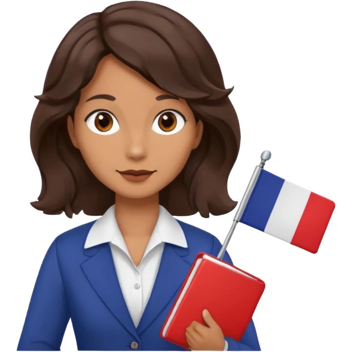 wavy dark brown hair, no glasses, fox dark eyes, with a little file in the hand, being a teacher with a board in the background with a french flag, emoji