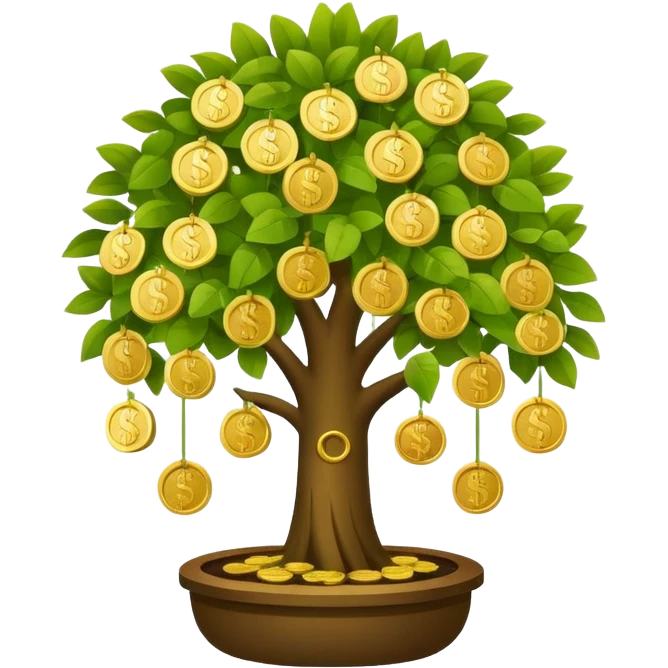 Apple-style money tree, round soft green canopy.
No pot, no ground — only the tree.
Small gold coins as fruits inside the leaves (not below).
Flat 2D vector, clean shapes, no gradients.
Dark near-black background, premium fintech icon. emoji
