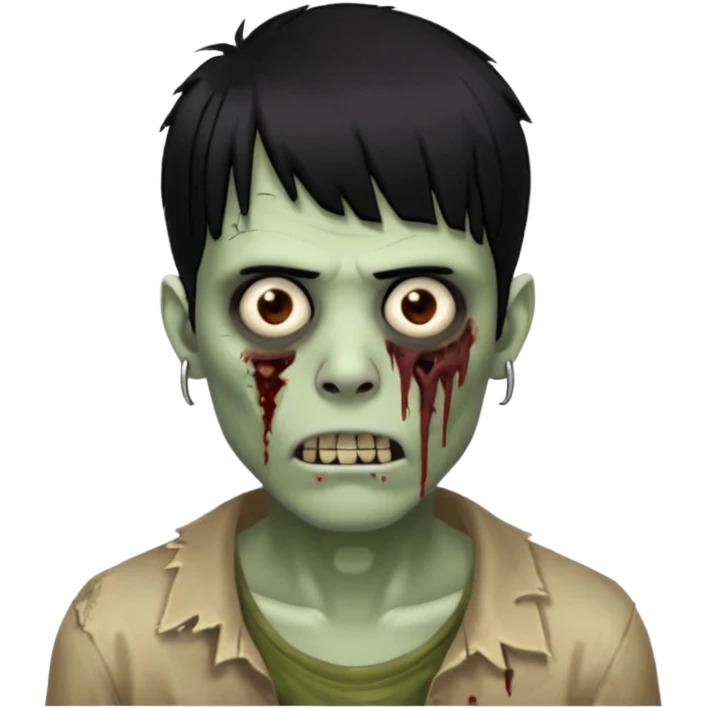 homem zombie de franja, cabelo preto, uma ponta maior da franja e o resto do cabelo picotado, cabelo médio e com piercing no septo emoji
