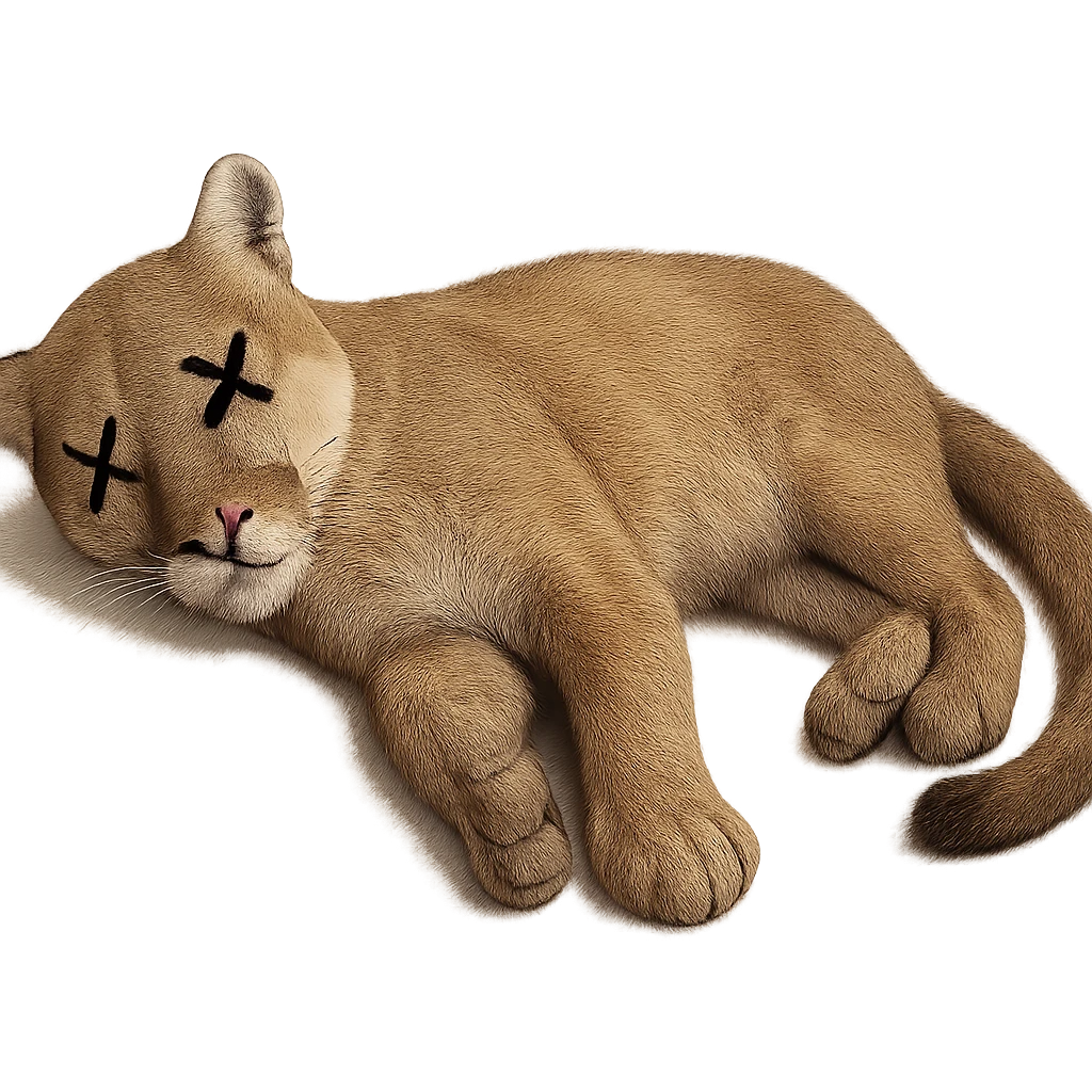 Make the mountain lion appear dead, lying on its side with cartoon X's for eyes, no blood, keep the exact same photorealistic style and details, transparent background. emoji
