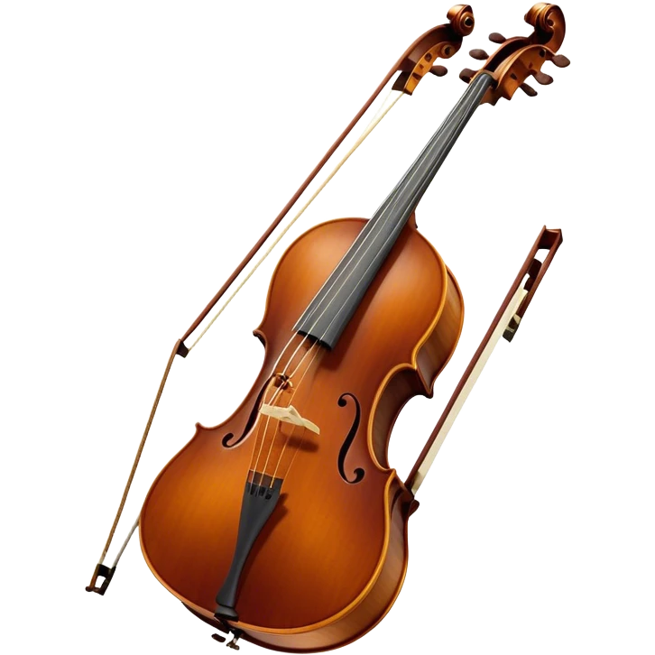 Create a refined and detailed emoji representing a Cremona cello with a bow. The design should feature the smooth, polished wooden body of the cello with a deep, rich tone color. The strings and tuning pegs should be visible, emphasizing the instrument's fine craftsmanship. Add a delicate bow placed gently across the strings, with intricate detailing on the hair and frog. Include subtle musical notes around the cello to evoke the graceful, classical sound. Use warm wood tones and accents like gold and silver for a professional, elegant look. The background should be transparent. emoji