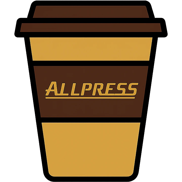 flat icon style Allpress coffee cup, brown and gold colors, transparent background emoji