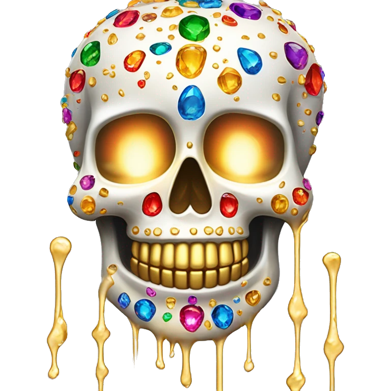 Realistic white sugar skull decorated with colorful rhinestones with a metallic gold candle on top of its head dripping down melted metallic gold wax down the skull emoji