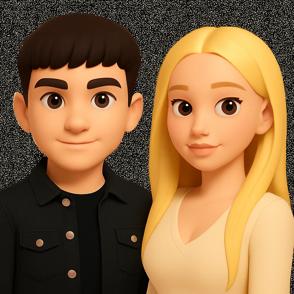 Slightly increase the volume of the upper body of the girl, separate the girl and the boy from each other, and make the skin color the same for both characters. Maintain the cartoonish 3D style in the editing. emoji