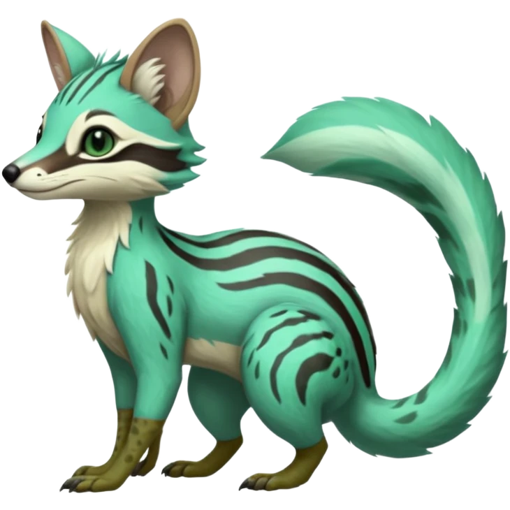 Feral Rare Fantasy minty-cyan pastel-seafoam-green Hunter-forest-green  Vernid-Gremz-Numbat-Sergal-Genet-Trico-species by LiLaiRa, random markings, tufted tail, tufted ears, full body emoji