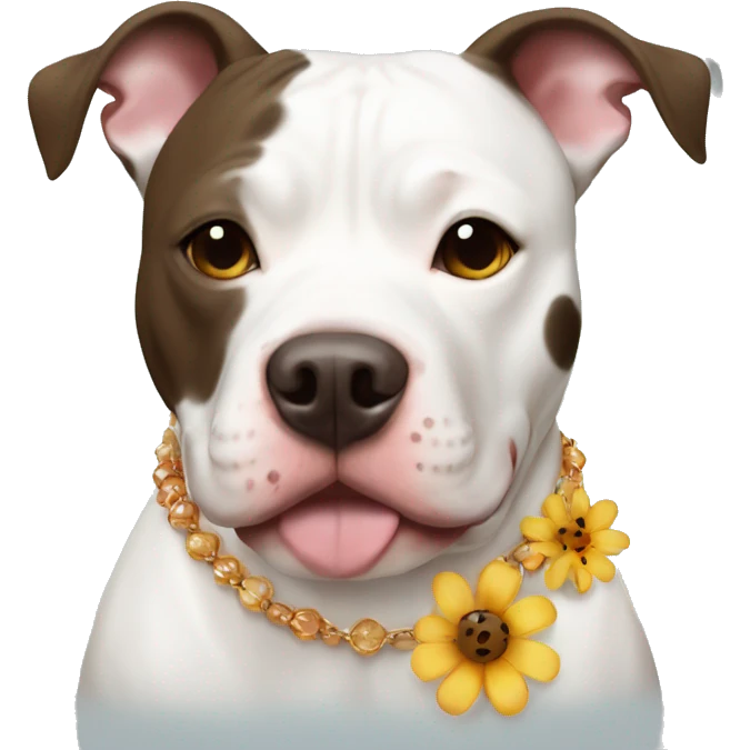 White pit bull with big brown spots and a flower necklace emoji