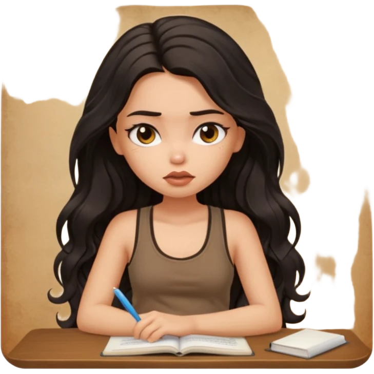 a pretty bratz light dusky girl with long wavy black hair in a brown tank top studying and lookinh tired emoji