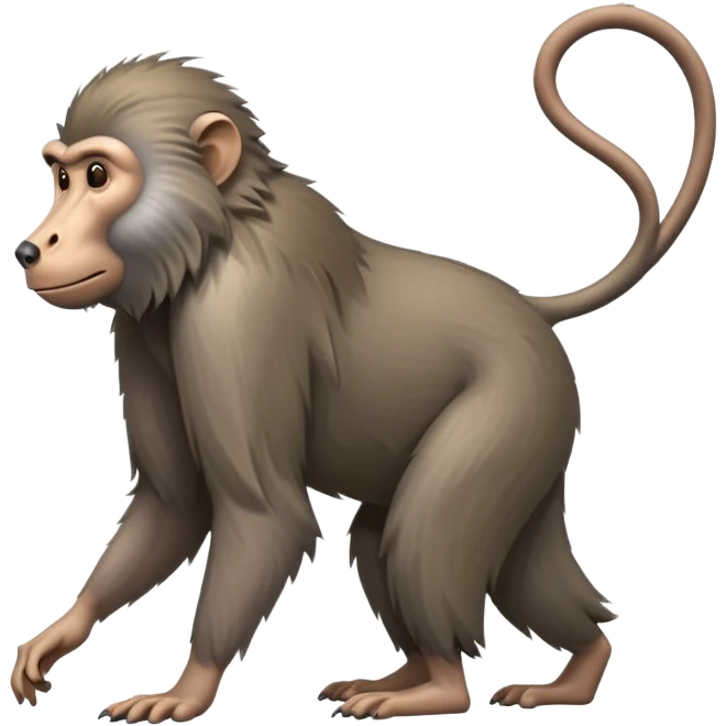 cinematic-hairy baboon-full-body-standing on all fours-emoji,-head-tilted-dramatically,-thick-grey-and-brown-fur,-simplified-yet-realistic-focused-features,-highly-detailed,-glowing-with-an-almost-sarcastic-glow emoji