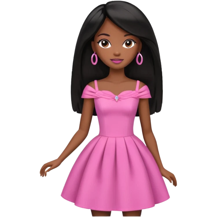 Black barbie, long black  hair, pink dress emoji