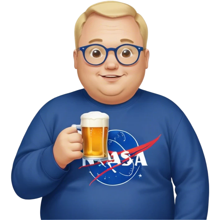 happy fat man, drinks a beer,  blond short and hight receding hairline, wearing a dark blue sweatshirt, nasa logo on the sweatshirt, round glasses without frame, 40 years old emoji