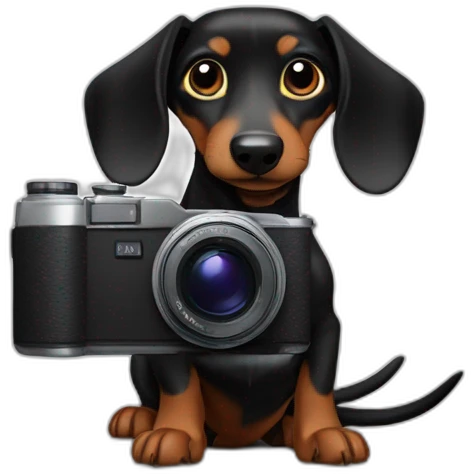 a black dachshund dog holds a camera SONY in its paws medium plan emoji