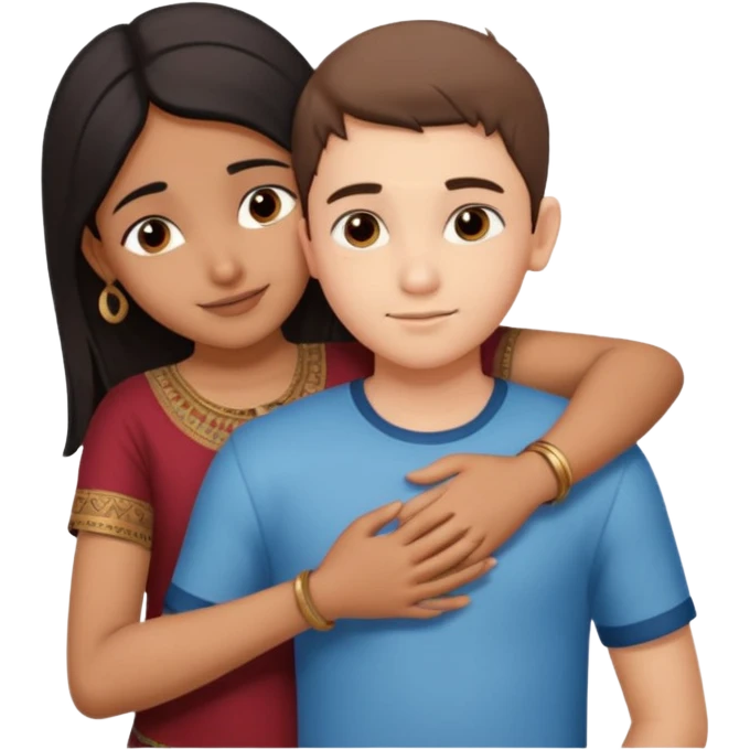 indian boy hugging indian girl from behind... boys hand down near navel of girl... boys head on the shoulder of girl... hugging tight emoji