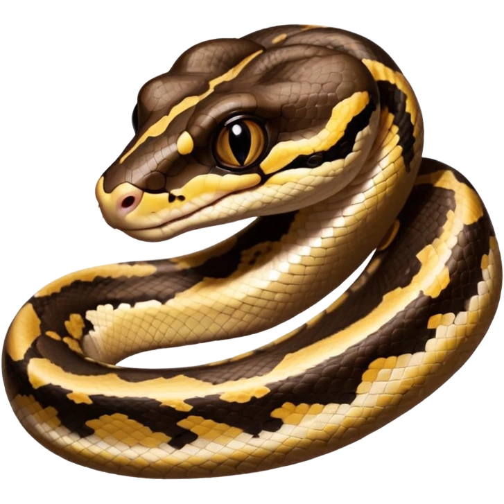 A photo-realistic digital illustration of a Ball Python, large headshot portrait. The snake has a short, rounded snout, smooth contours, and a calm, curious expression. Its head is warm brown with bold, irregular dark markings, including the signature “alien-head” pattern.  emoji