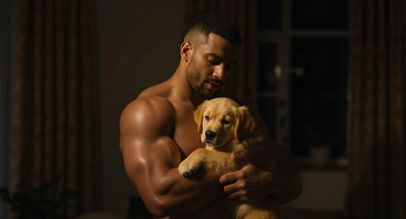 Photo of a musculated man holding puppy golden retriver, low key light emoji