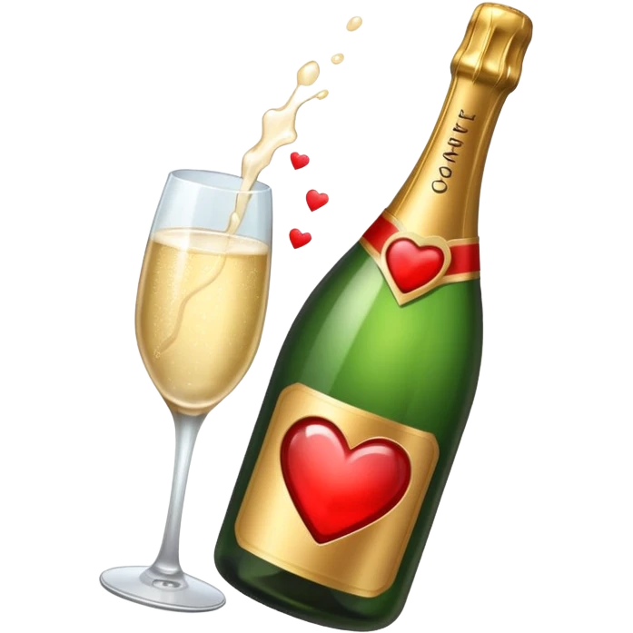 Draw a champagne bottle with a heart label using an isometric camera with a High-Angle Shot. emoji