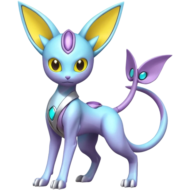 Mechanical Miraidon-Espeon-Mewtwo-Fakémon-hybrid-creature (full body)  with yellow eyes and cyan markings emoji
