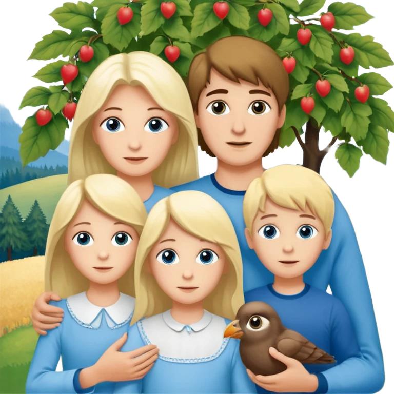 Eigene Familienbild mit 3 Personen; Frau mit dunklen Augen und dunkle lange Haare; Mann mit Vollglatze und Blaue Auge;  kleinkind mit blonden Haaren und dunklen Augen emoji