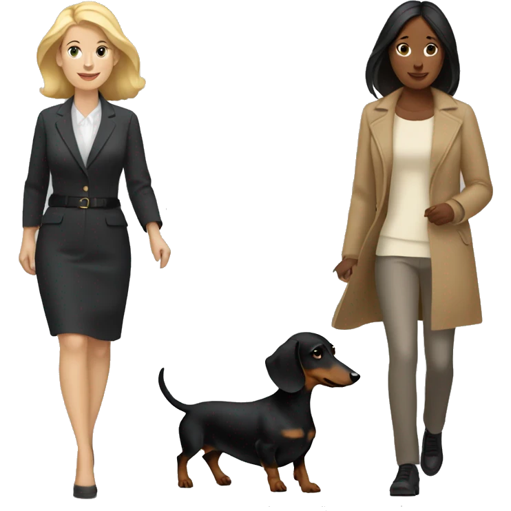 Blonde white woman and Brunette white woman walking black and tan dachshund emoji