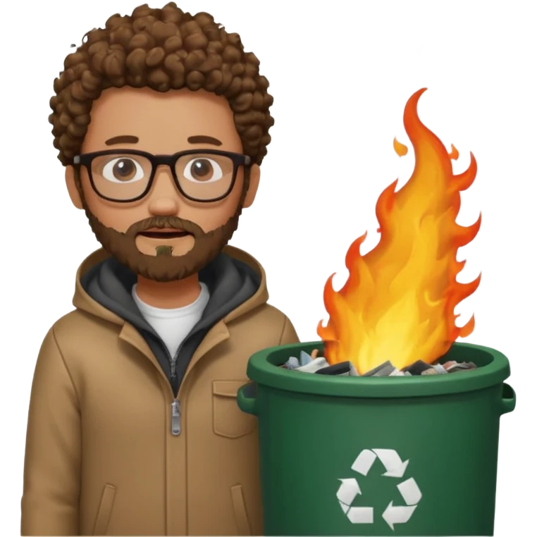 curly skinny guy with bear and glasses, heating in front of a trash bin on fire  emoji