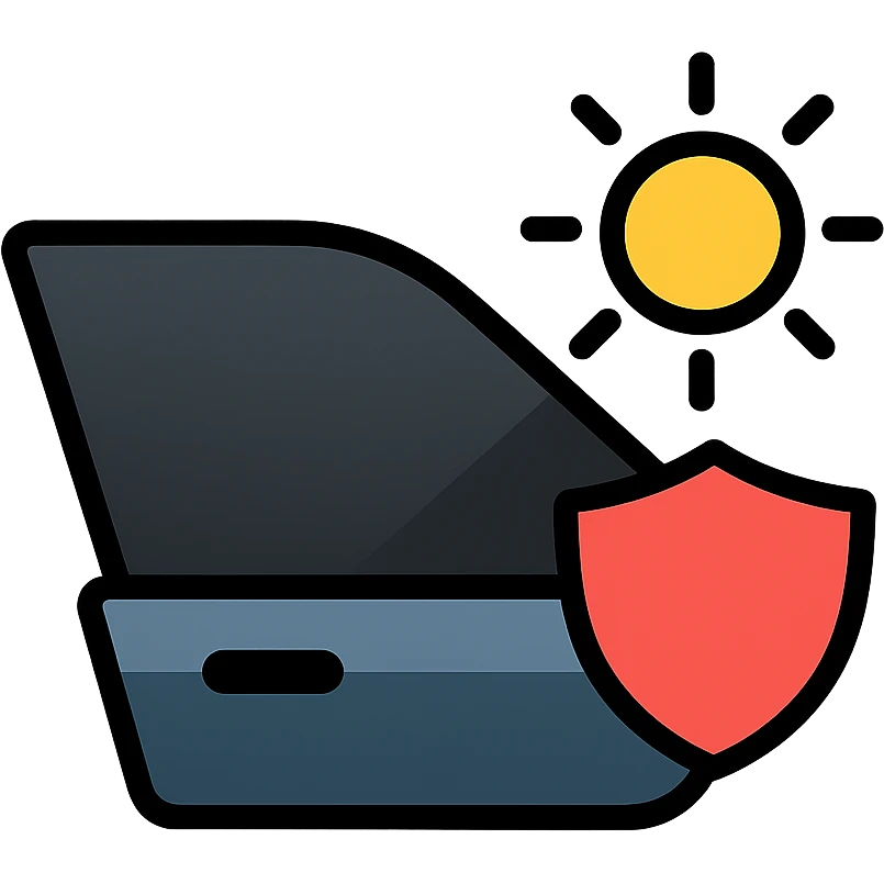 luxury car side window icon with dark black to gray gradient, small shield or sunbeam being blocked, subtle shading, modern and clean style, no text emoji