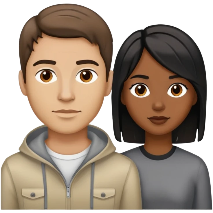 Man with light skin, brown hair with streaks of gray and light skin with a  woman with medium length black hair and brown skin emoji