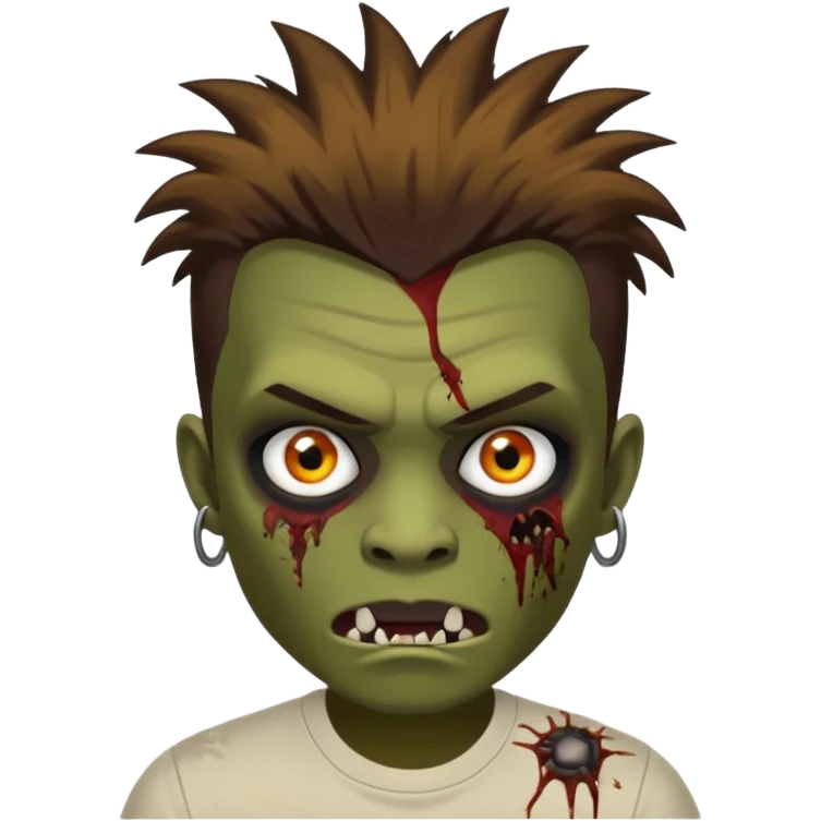 Um garoto zombie de cabelo castanho escuro, com o cabelo chegando no pescoço, punk, com olhos castanhos esverdeados, de camisa branca emoji