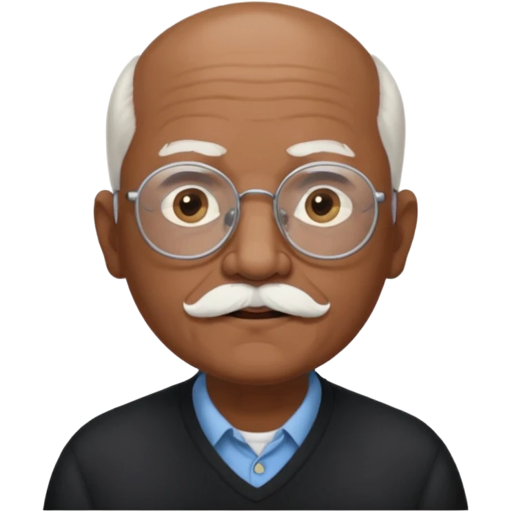 an elderly man with medium-dark skin tone, bald on top with short white hair at the sides, thick white eyebrows, large brown eyes, and wears black-framed glasses.
A small white mustache sits above his mouth emoji