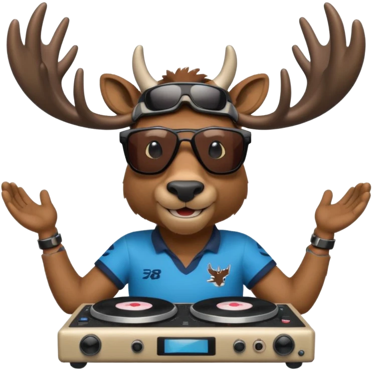 un caribou qui sourit avec des lunettes de soleil de face avec des platines de dj en bas et le maillot de bayonne rugby club emoji
