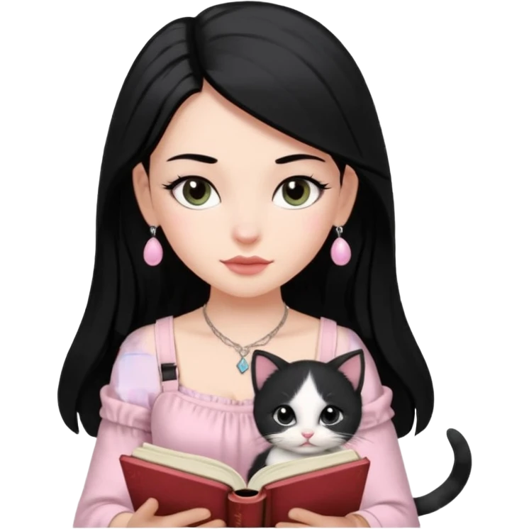 Menina branca ,cabelos pretos longos, olhos pretos puxados para cima. Cílios longos, lábios grossos ,nariz pequeno ,vestido rosa claro de alça. Colar e brinco bem pequeno. Lendo um livro com gatinho preto e branco. emoji