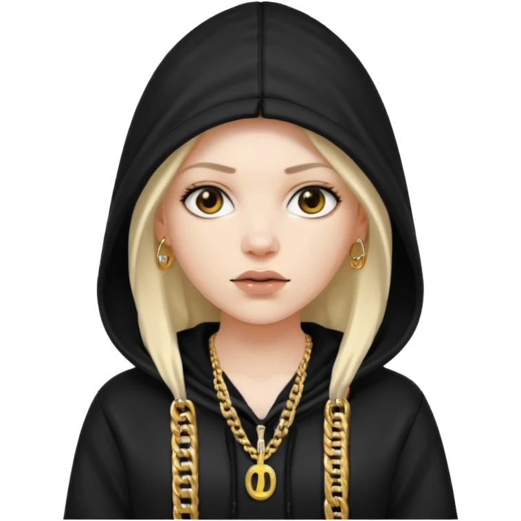 white girl with a hood on with dark hair looking like a rapper emoji