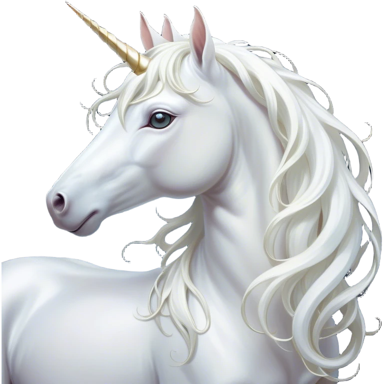 Cinematic Noble White Unicorn Portrait Emoji, Poised and regal, with a slender, ethereal form draped in a pristine white color, a flowing mane and tail, and a glistening, spiraled horn that radiates pure light, Simplified yet sharp and sophisticated features, highly detailed, glowing with a soft, iridescent luminescence, high shine, intelligent and transcendent, stylized with an air of mythical enchantment, focused and serene, soft glowing outline, capturing the essence of a watchful and confident white unicorn that appears ready to prance out of the screen with magical grace! emoji