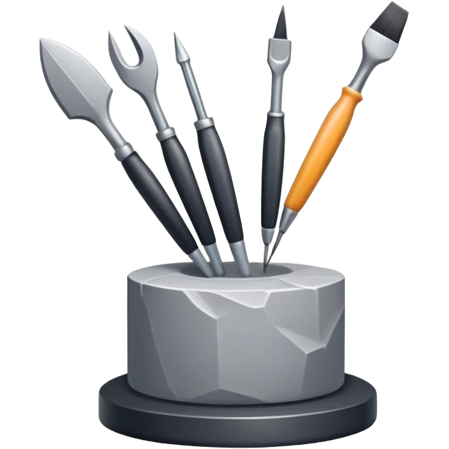 Icon for sculpting, with sculpting tools, sculpture in progress on a textured surface, minimalistic style, clean lines, transparent background. emoji