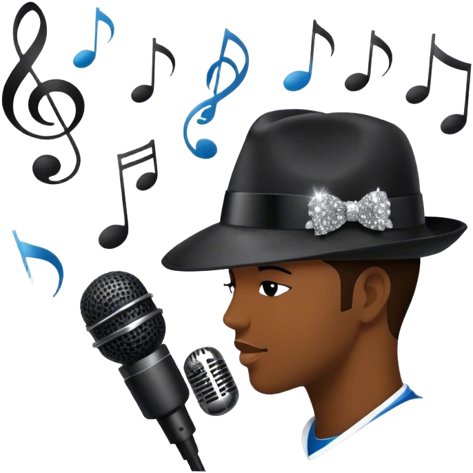 Icon for R&B Music: collage of famous R&B artists, represented by silhouettes or symbols like a fedora, microphone, sparkly glove, and music notes. The image should convey the energy and soul of R&B music. Transparent background. emoji
