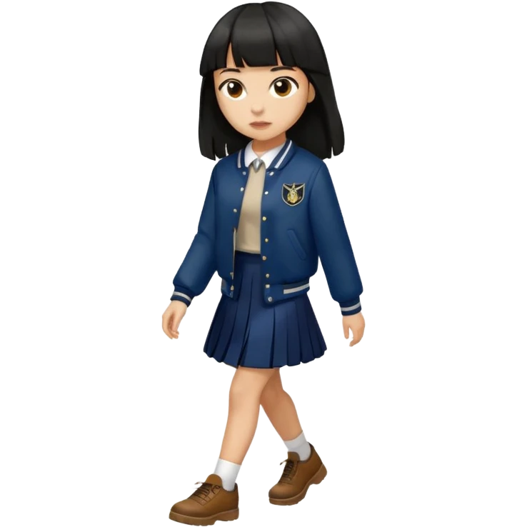 hair : black long hair with fringe 
skin : light 
cloth : deep brown varsity jacket + navy long long school girl skirt 
motion : walking 


 emoji