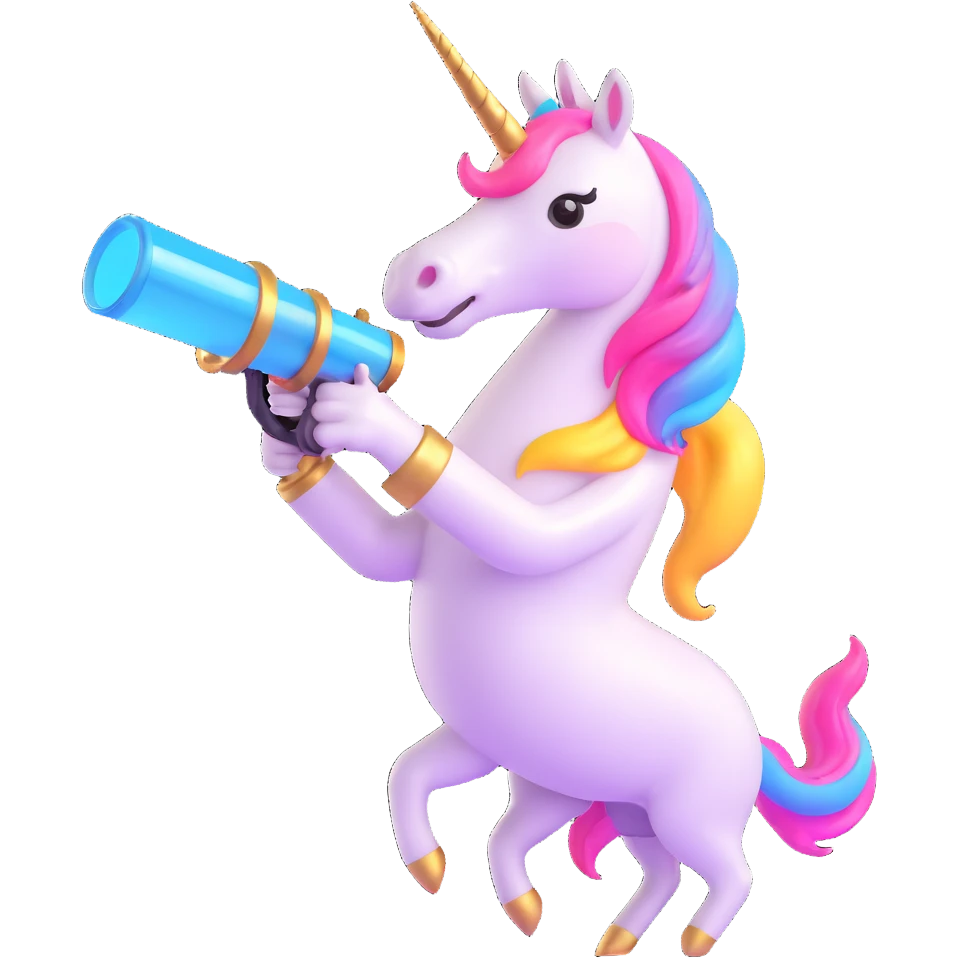 neon pink unicorn with a glass cannon, 3D style, shiny, magical emoji