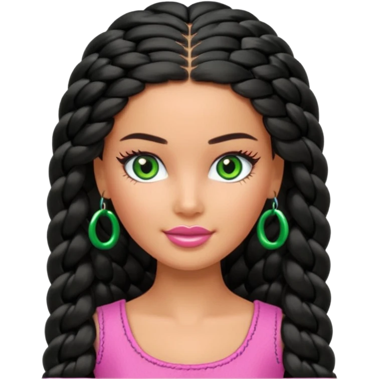 Barbie with olive skin, long black braided hair and green eyes emoji