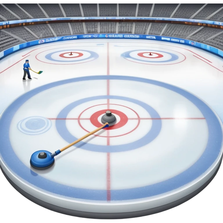 An icon showing the ice with a broom and a close-up of a curling stone sliding. The scene is set in a brightly lit stadium, with detailed spectator stands in the background. Transparent background highlights the focus, skill, and atmosphere of the curling sport. emoji