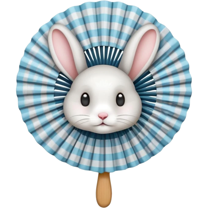A rabbit hiding playfully behind a small patterned fan. emoji