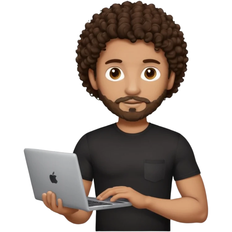 men holding his computer in hands. light brown skin men with curly dark brown hair, brown eyes, little grown beard. ust a tiny bit muscular. dressed casual. round face. emoji