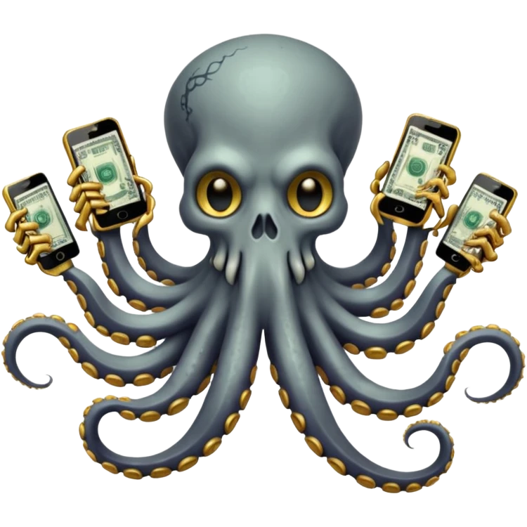 Intimidating octopus skeleton. Evil looking eyes, wearing a gold necklace. 2 tentacles are holding their own cellphones with one held up to its ear, 2 other tentacles are holding stacks of money emoji