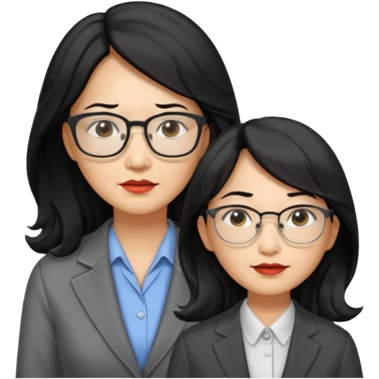 middle-aged Asian woman, long wavy hair, small rectangular metal glasses, serious, manager style emoji
