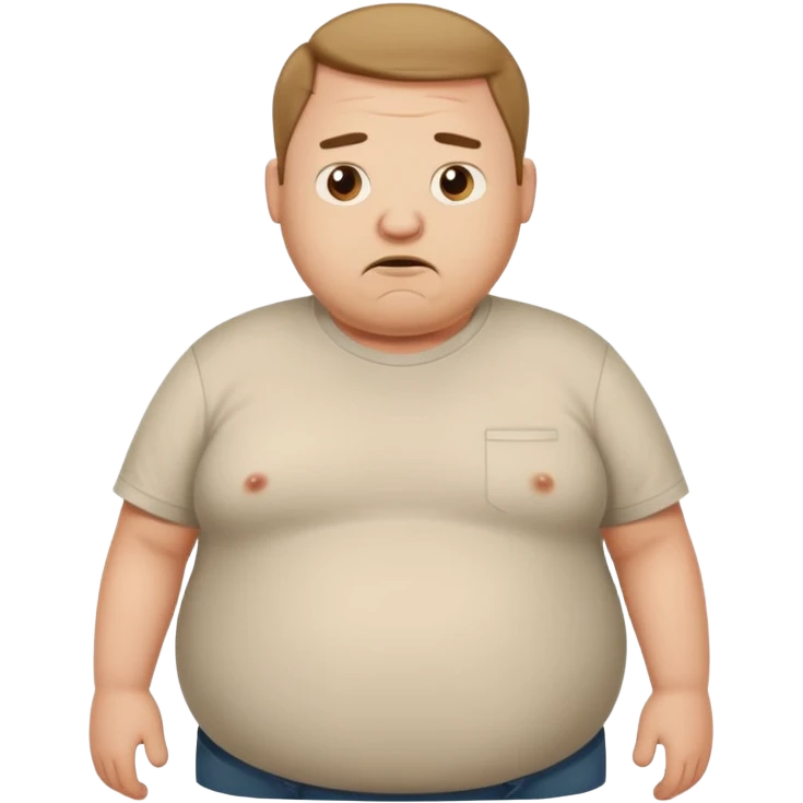 a cartoon fat man holding his stomach wearing t shirt, while looking confused? emoji