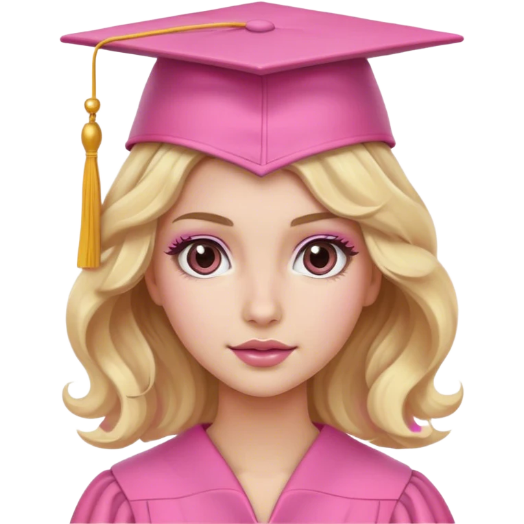 Blonde with wavy hair, a pink graduation cap, white skin and brown eyes with pink makeup  emoji