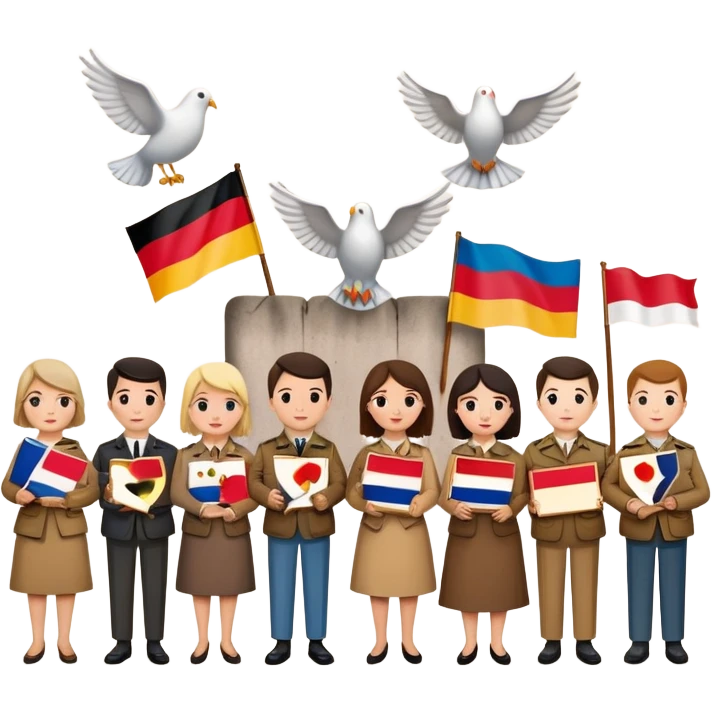 people holding protest signs with the Berlin Wall in the background, peace dove, East and West Germany flags, 1950s and 60s emoji